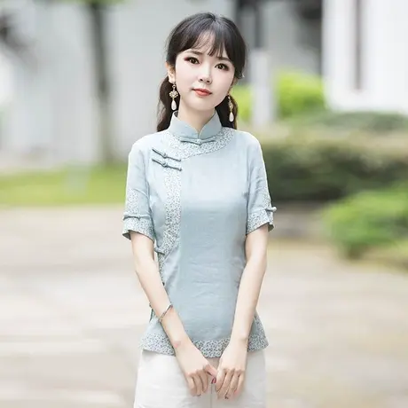 筠雅唐装女中国风改良旗袍上衣复古年轻短袖时尚洋气中式禅意女装商品大图