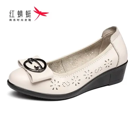 红蜻蜓女鞋春夏季镂空牛皮休闲低跟软皮软底防滑妈妈鞋套脚女凉鞋商品大图