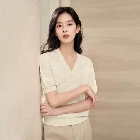 【商场同款】茵曼2023春季女装新款田园复古提花灯笼袖V领针织衫图片