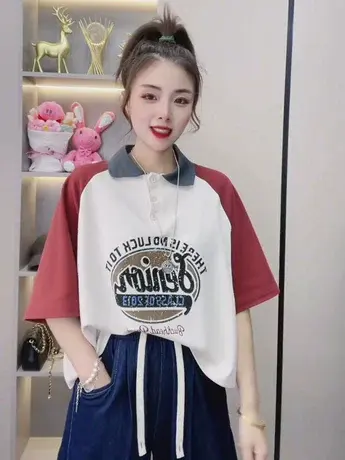 polo领短袖t恤女夏季学院风宽松美式休闲甜美减龄撞色正肩上衣ins图片