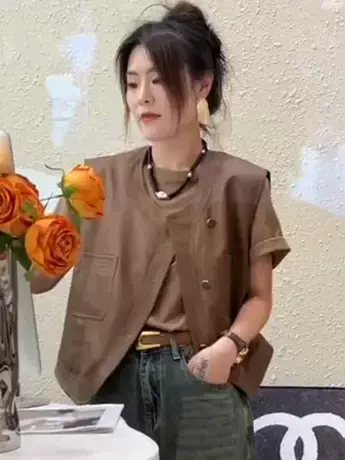 皮马甲外套女2023新款春秋季百搭气质休闲宽松时尚坎肩短款外套女图片