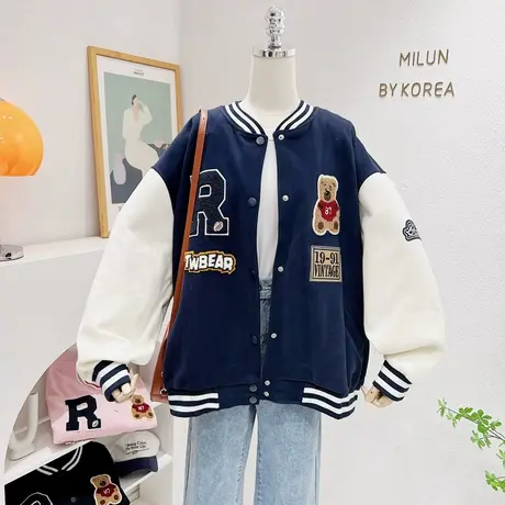 秋冬款韩版上衣复古字母小熊立领开衫棒球服厚外套宽松休闲学院风图片