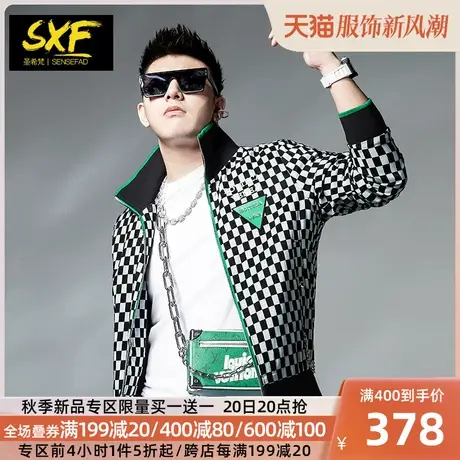 SXF圣希梵男士外套 欧美潮牌棋盘格修身上衣服秋季新款翻领夹克男商品大图
