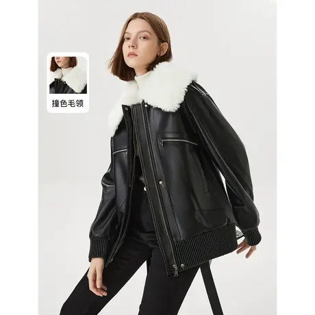 朗姿法式复古流行休闲宽松高级感黑色夹克外套秋冬季新款皮衣女图片
