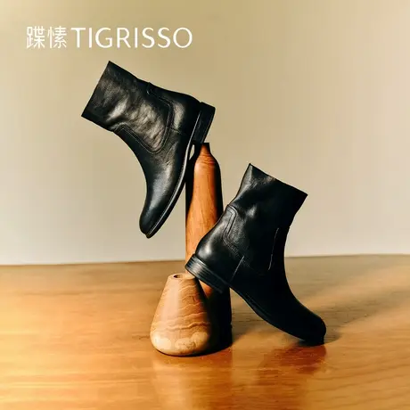 蹀愫冬季真皮时装靴雅丹风棕色女靴子短筒靴TA54726-52图片