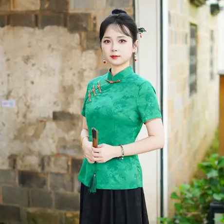 筠雅夏季新款复古改良中式唐装中国风年轻款斜襟短袖上衣女25J211商品大图