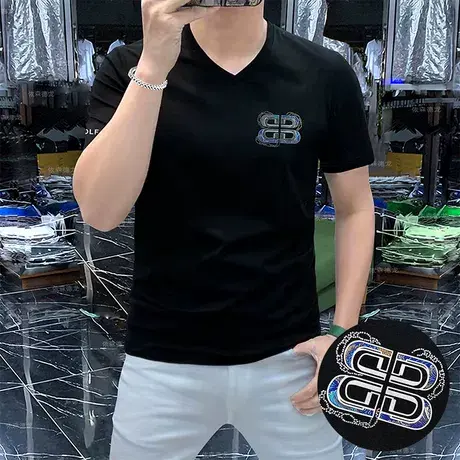 欧洲站男士短袖V领t恤衫丝光棉男装桃心领上衣立体滴胶工艺潮黑色图片