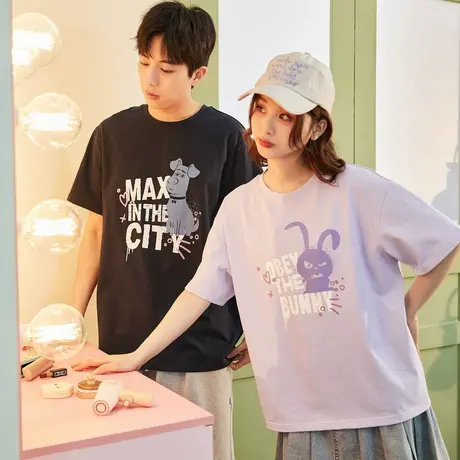 唐狮情侣装短袖t恤男夏季新款趣味图案韩系休闲女上衣宽松潮商品大图