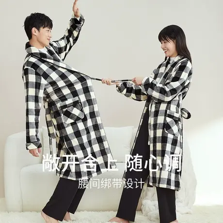 秋鹿情侣睡袍冬款女加厚加绒珊瑚绒格子大码晨袍睡衣长款男士浴袍商品大图