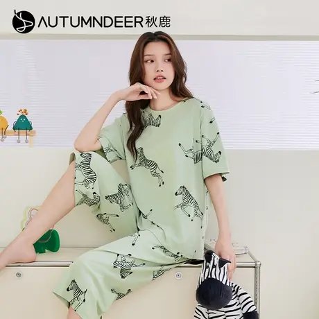 秋鹿柔软舒适睡衣女夏季纯棉可爱印花圆领短袖七分裤可外穿家居服商品大图