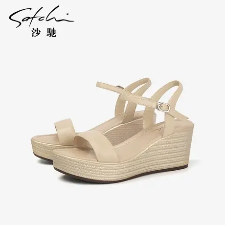 沙驰女鞋一字带坡跟厚底凉鞋女露趾夏季新款舒适羊皮增高通勤鞋图片