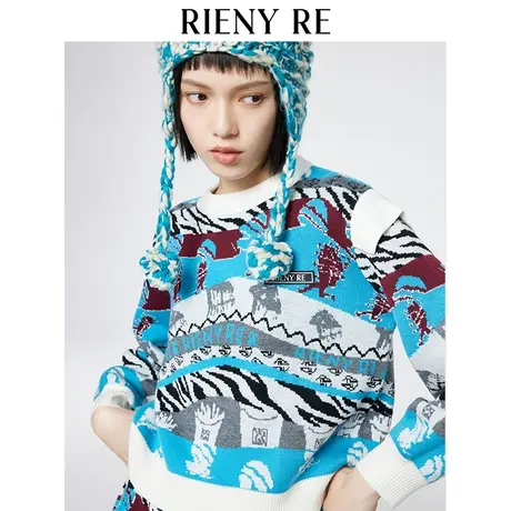 RIENYRE针织衫女新款白色大码长袖上衣条纹春秋宽松高级洋气毛衣图片