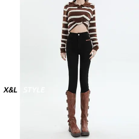 黑色高腰牛仔裤女春秋2023新款显瘦弹力紧身美式女生小脚铅笔裤子图片