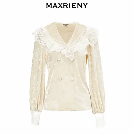 【奥莱】MAXRIENY重工复古感披肩领丝绒上衣女奢华小衫雪纺衫图片