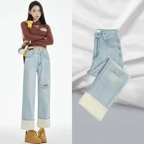 破洞直筒牛仔裤女2023年新款春秋季小个子拼接设计感高腰烟管裤子图片