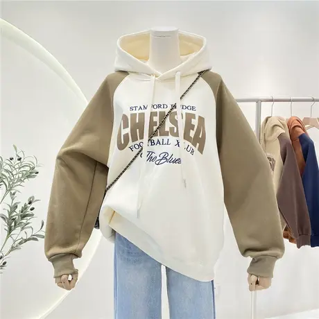 美式复古字母刺绣宽松加绒加厚连帽卫衣女百搭插肩袖撞色上衣外套商品大图