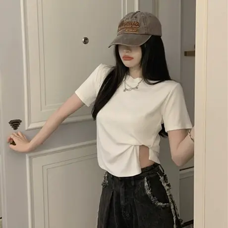 不规则设计感下摆开叉短款T恤夏季女装修身辣妹正肩白色短袖上衣商品大图