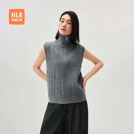 HLA/海澜之家柔软绞花针织背心24秋新拉链门襟时尚保暖可翻高领女商品大图
