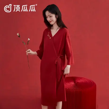 顶瓜瓜红色纯棉睡裙女款春夏季七分袖本命年新婚结婚家居服睡衣新商品大图