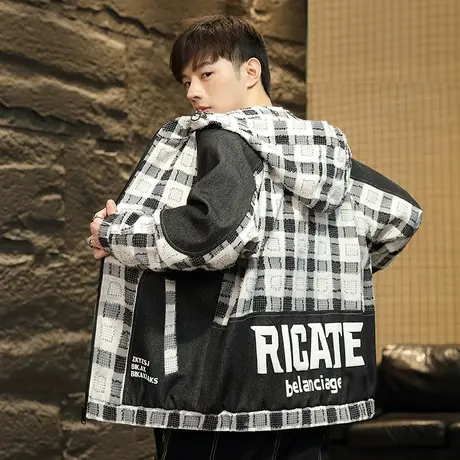 外套男春秋季潮牌格子拼接宽松连帽夹克新款痞帅潮流青少年上衣服商品大图