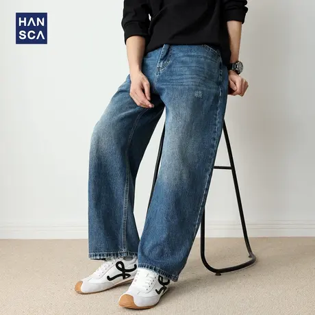 hansca宽松直筒秋季青少年牛仔裤男直筒2025新款美式弯刀复古长裤商品大图