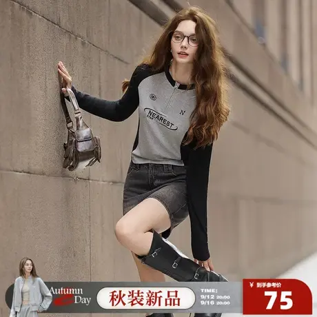 唐狮2025春秋季女长袖T恤立领拉链插肩袖修身显瘦百搭时尚设计感商品大图