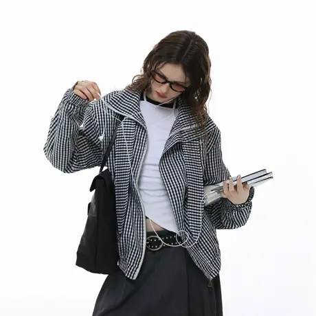 美式潮牌复古格纹立领短款工装夹克女秋季新款宽松设计感情侣外套商品大图