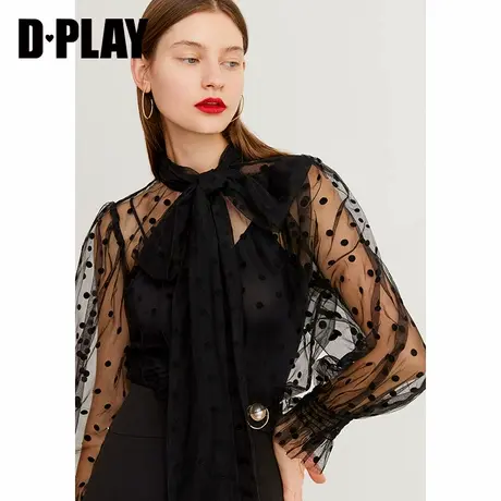 DPLAY德帕拉冬装年新品欧美黑色领口蝴蝶结绑带植绒网纱小衫商品大图