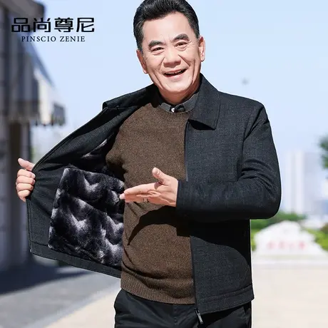 中老年男装2022新款爸爸外套冬加绒加厚格纹翻领商务休闲毛呢夹克商品大图