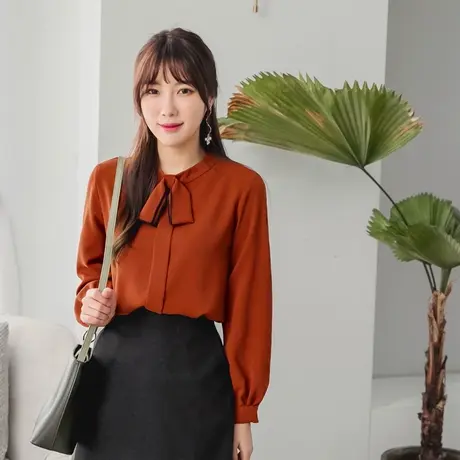 桔熊秋冬季通勤温柔蝴蝶结系带领厚雪纺衫长袖上衣女装大码AB9098商品大图