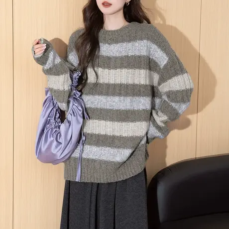 唐狮秋冬新款女毛衣温柔系条纹设计圆领套头上衣女软糯宽松TM图片