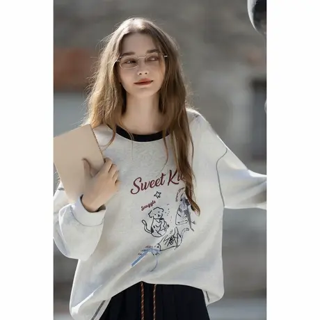 唐狮春秋卫衣女圆领卡通印花明线设计宽松慵懒风设计时尚外套tuTA图片