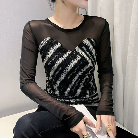 性感网纱拼接圆领长袖T恤女设计感字母印花上衣欧货修身外穿小衫商品大图
