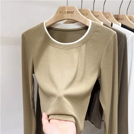 小个子短款螺纹长袖T恤女秋季洋气减龄韩版修身内搭打底衫上衣潮商品大图