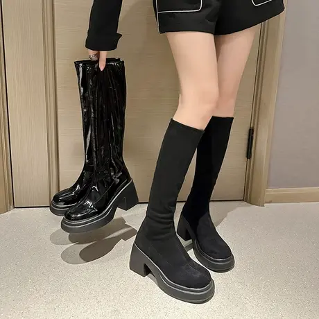 不过膝靴子女长筒靴显瘦高跟2023年新款ins小个子黑色法式骑士靴图片