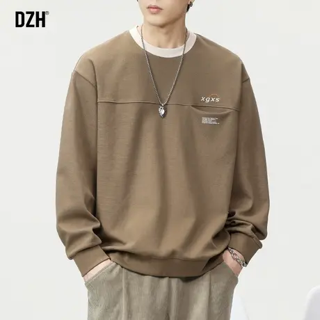 男士美式复古卫衣秋季男重磅潮牌圆领套头拼接上衣2023新款情侣装商品大图