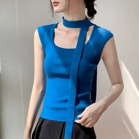 U领无袖针织衫女2023秋冬新款修身设计感小众欧货洋气背心打底衫商品大图