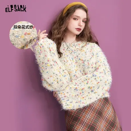 妖精的口袋糖果色宽松毛衣女2023冬季新款圆领套头短款设计感上衣商品大图