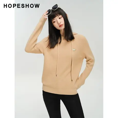 红袖outlets抽绳连帽套头毛衣hopeshow2023冬款休闲通勤针织衫女商品大图