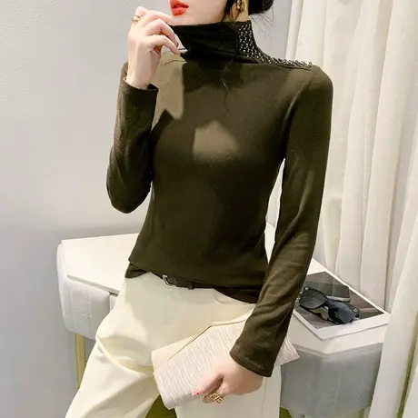 加厚冬季新款T恤女长袖时尚高领烫钻拼接上衣洋气修身气质打底衫商品大图