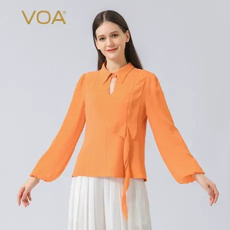 VOA真丝60姆米重磅长空POLO领橙灯笼长袖乔其拼接一粒扣桑蚕丝T恤图片