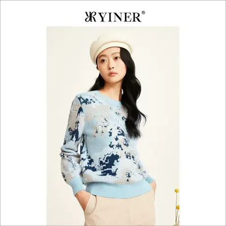 YINER音儿女装冬季艺图案圆领纯羊毛针织衫套头上衣商品大图