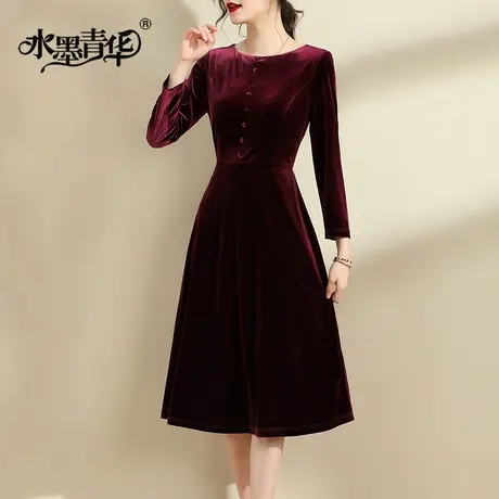 水墨青华春季新品百搭大摆裙显瘦修身打底裙红色丝绒连衣裙商品大图