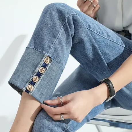 卷边牛仔裤女直筒宽松浅色春秋小个子八分裤子高腰显瘦九分烟管裤图片