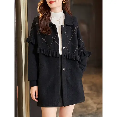 宝诗黎翻领钉珠格子针织外套女拼接木耳边宽松上衣2024年春季新款商品大图