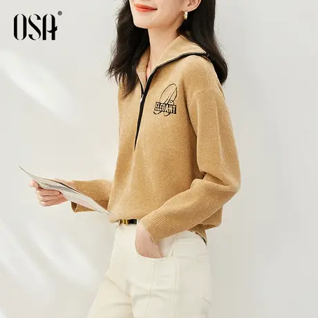 OSA韩式慵懒风卡其色polo领外穿拉链针织毛衣女秋冬季2023年新款图片