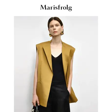 【商场同款】玛丝菲尔2023年秋季新款黄色绵羊毛时尚翻领无扣马甲商品大图