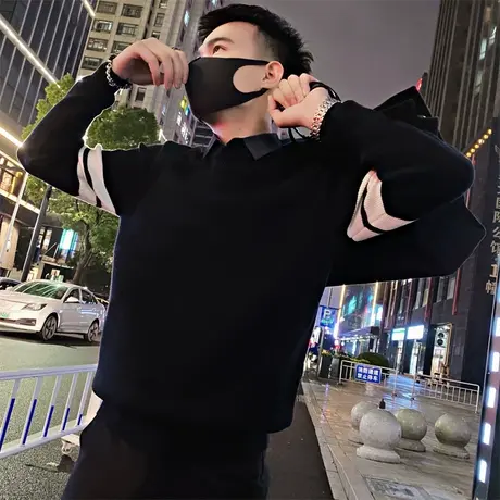 假两件男士毛衣秋冬小众条纹设计高级感长袖衬衫领针织打底衫线衣商品大图