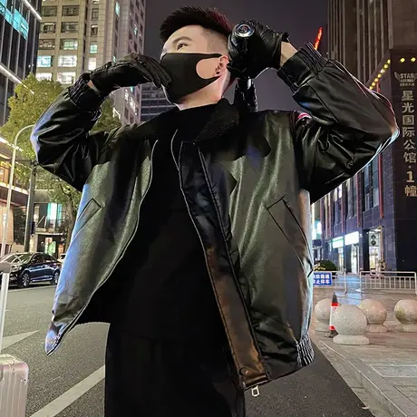 重磅拼接毛领皮棉服外套男冬季2023新款加厚保暖机车服皮夹克棉袄图片