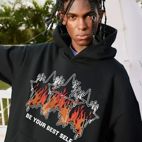 Nuthink春季保暖加绒加厚火焰卫衣潮牌男潮国潮加肥加大春天外套商品大图